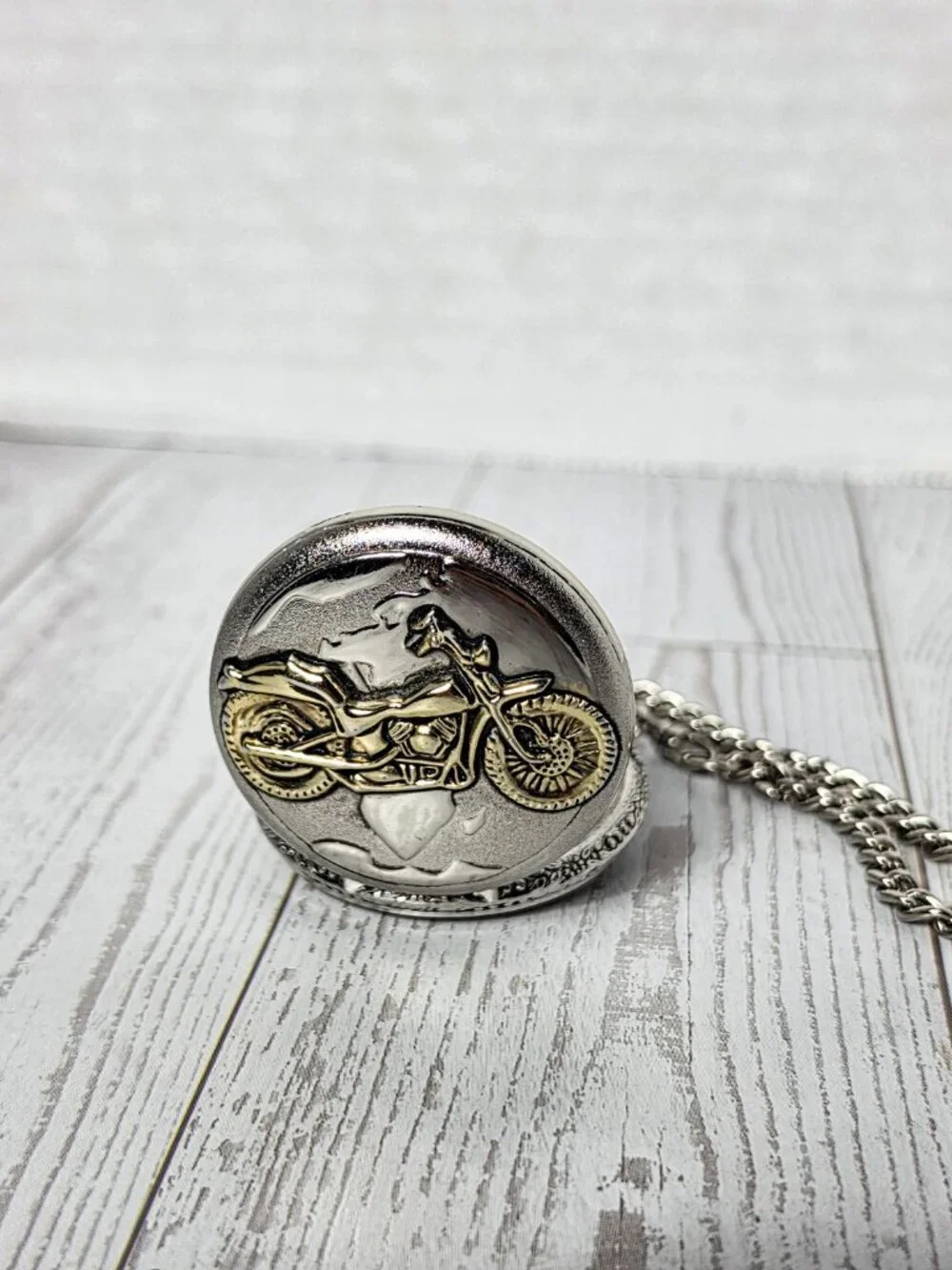 Vintage style Silver Tone Motorcycle Pocket watch Quartz Biker Chain Fob